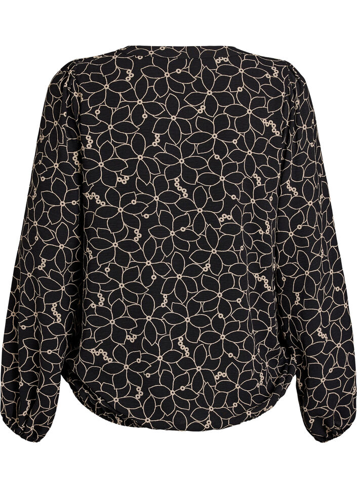 Long-sleeved blouse with floral embroidery, Black, Packshot image number 1