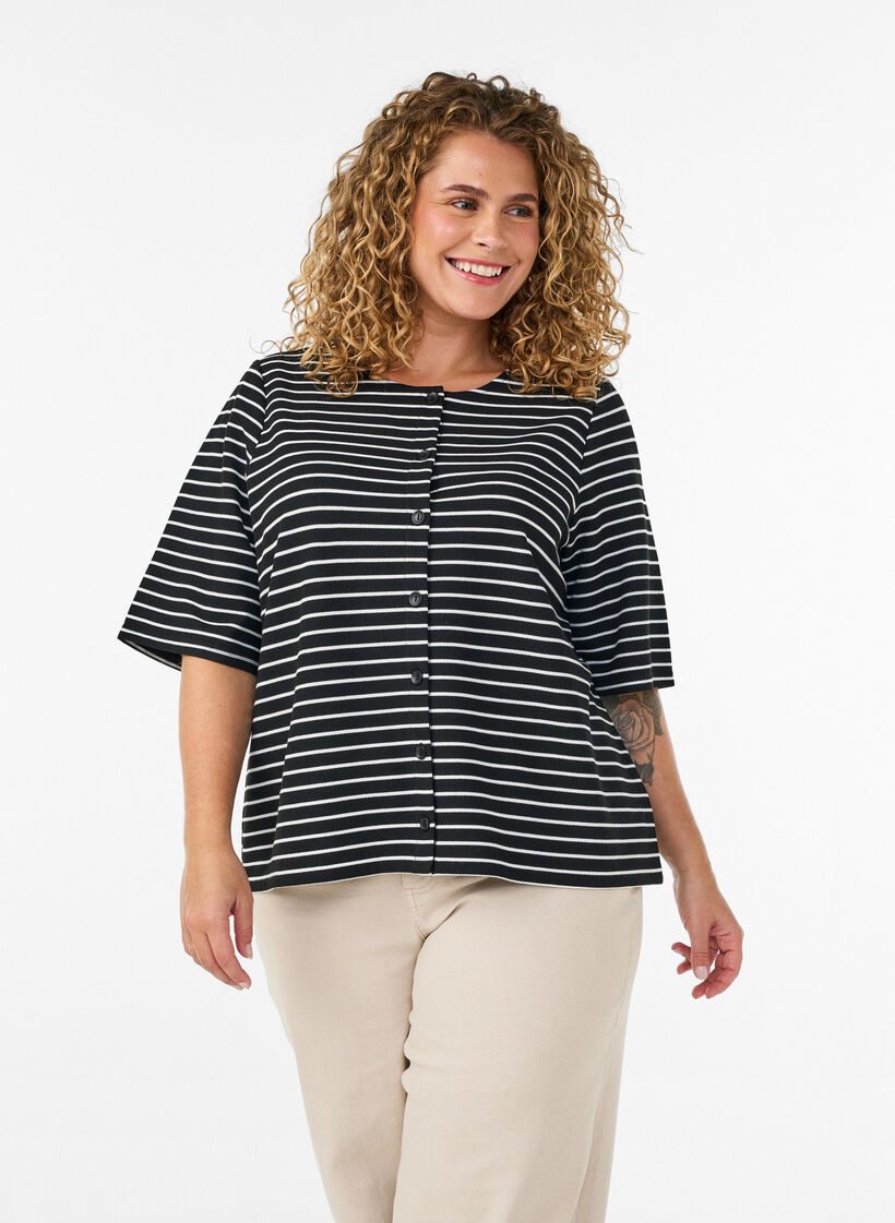 Blouse with a ribbed texture and button closure, Black, Model image number 0