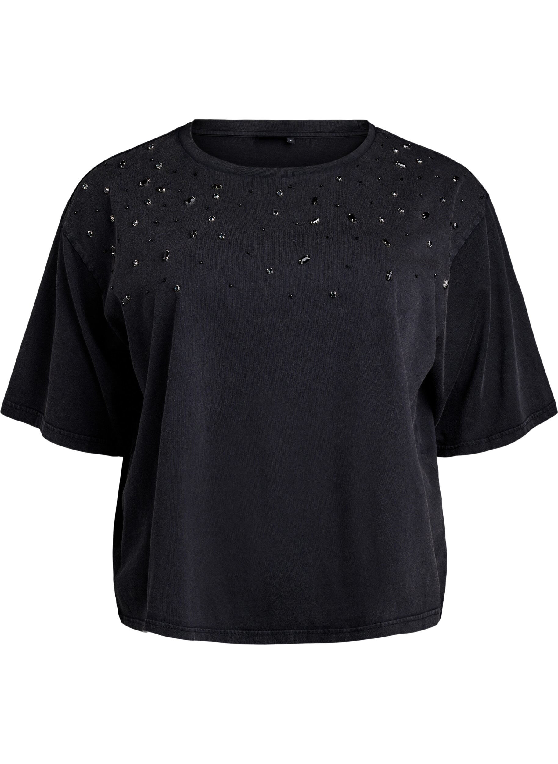 Zizzifashion Boxy T-shirt with pearls and rhinestones, Dark Grey, Packshot image number 0