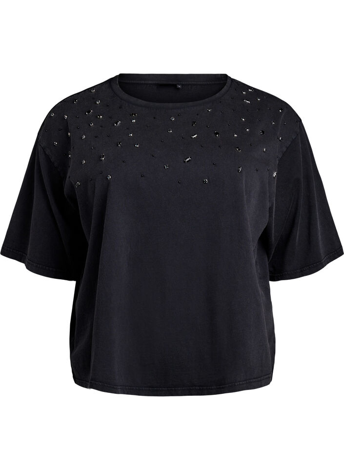 Boxy T-shirt with pearls and rhinestones, Dark Grey, Packshot image number 0