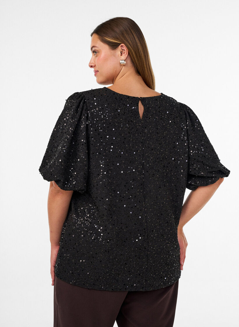 Sequin blouse with balloon sleeves, Black, Model image number 2
