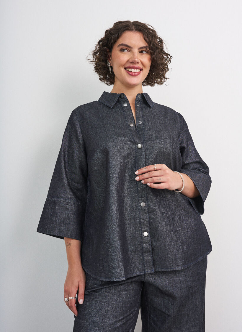 Denim shirt with glitter thread and 3/4 sleeves, Dark Grey, Model image number 0
