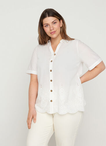 Short-sleeved shirt with broderie anglaise, Bright White, Model image number 0