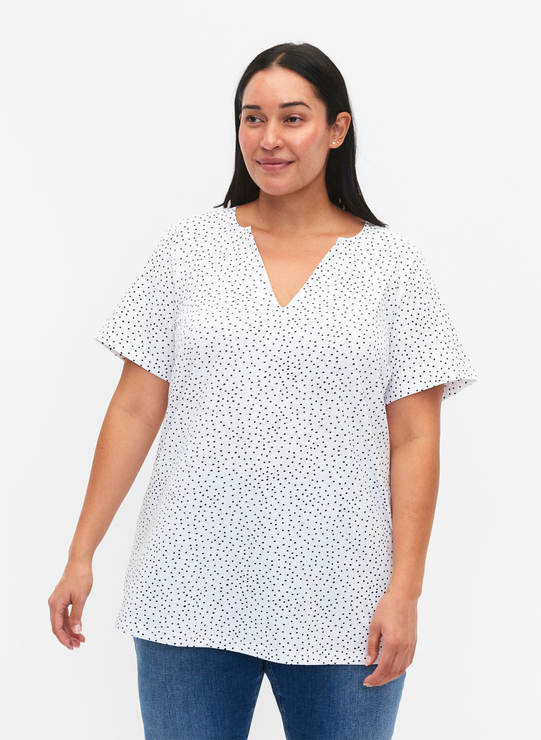 Zizzifashion Cotton t-shirt with dots and v-neck, B.White/Black Dot, Model image number 0