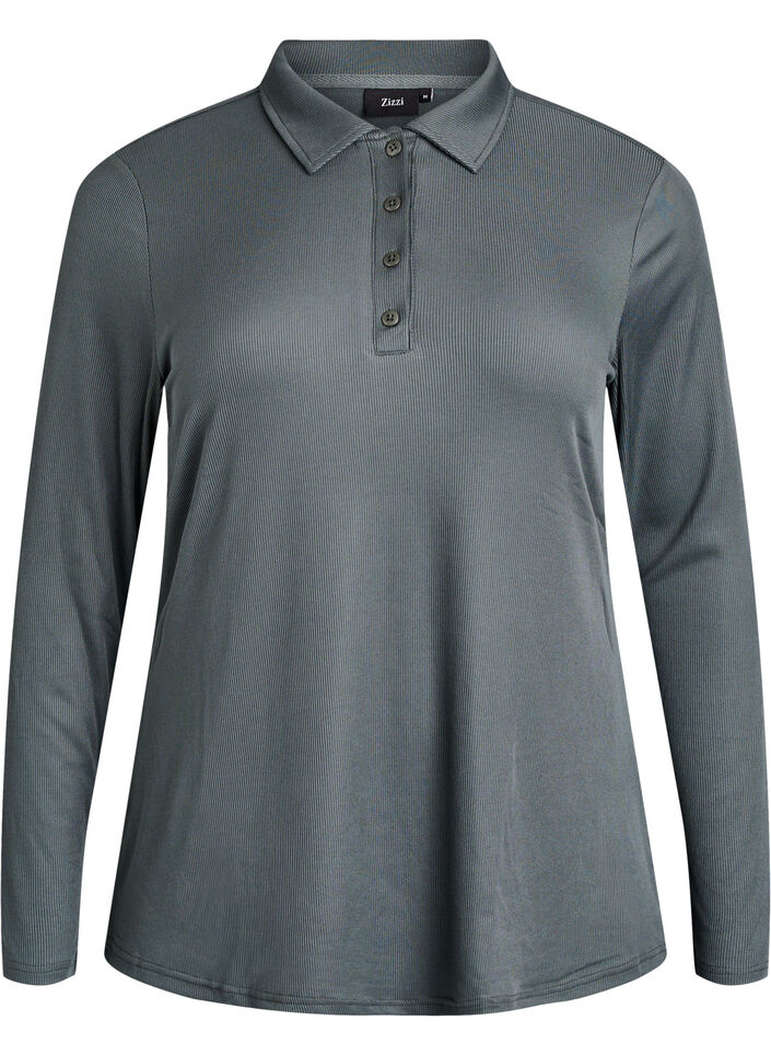 Polo shirt in soft rib with long sleeves, Green, Packshot image number 0