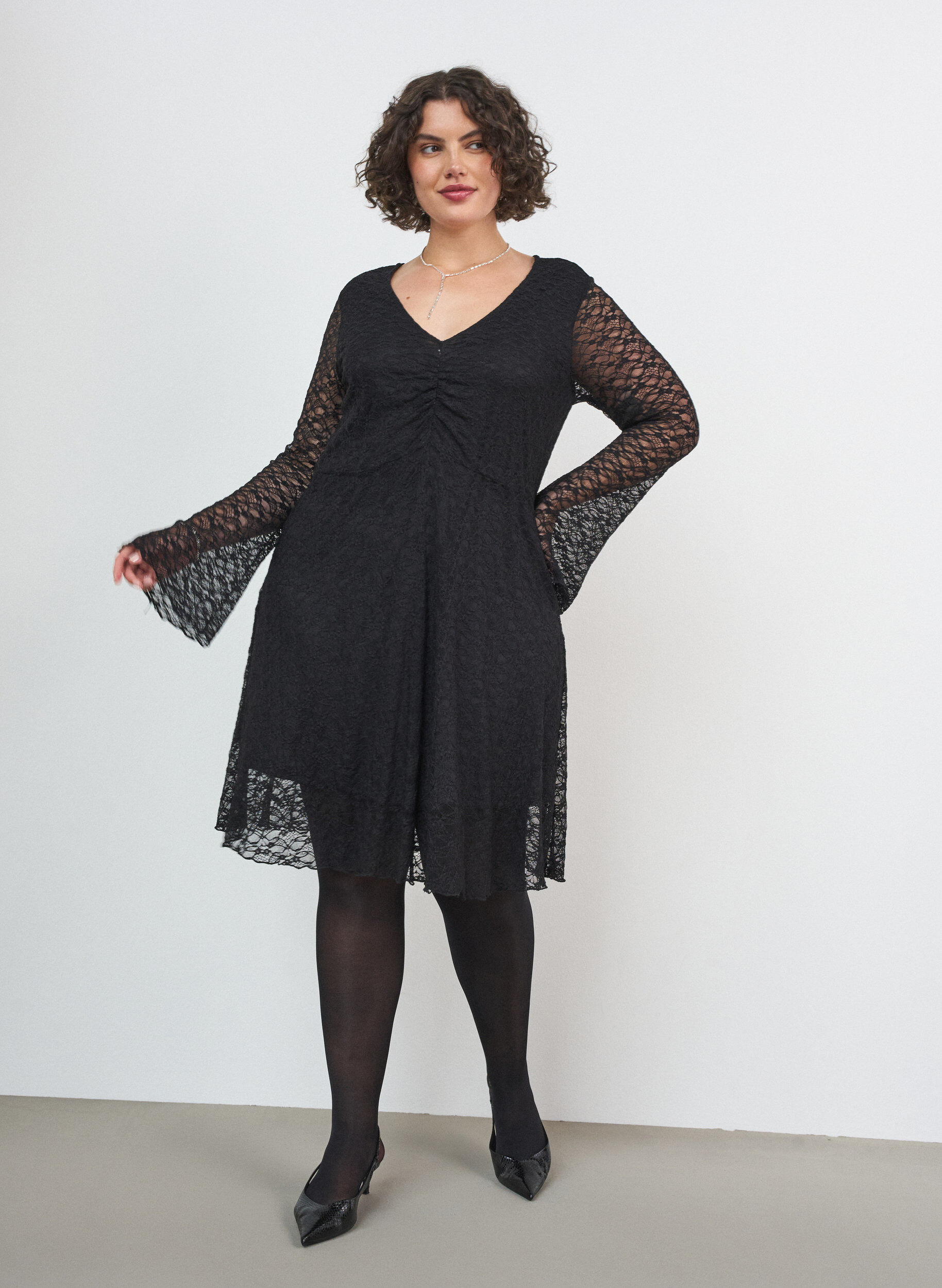 Lace dress with trumpet sleeves and an A-line shape, Black, Model
