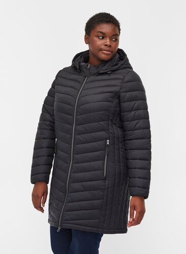Quilted lightweight jacket with detachable hood and pockets, Black, Model image number 0