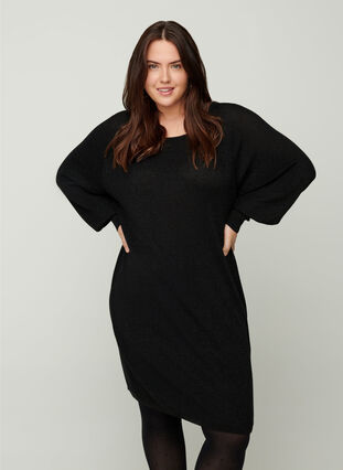 Knitted dress with balloon sleeves and lurex, Black w/ Lurex, Model image number 0