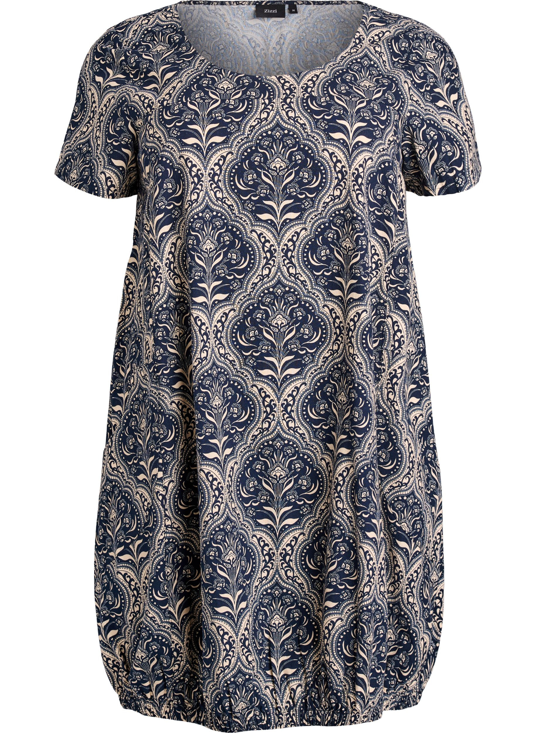 Zizzifashion Short-sleeved cotton dress with print, Blue, Packshot image number 0