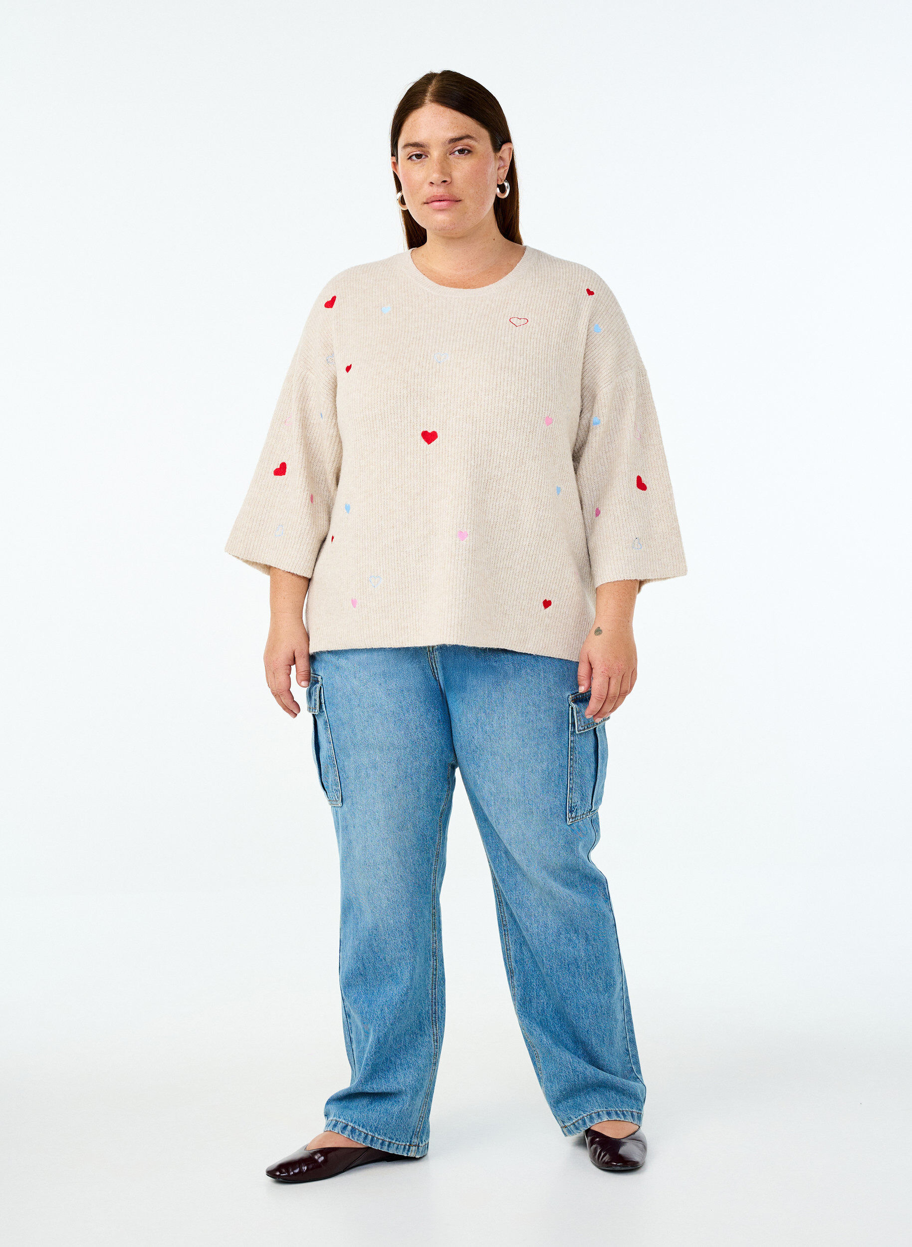 ZizzifashionKnitted blouse with hearts and 3/4 sleeves, Beige, Model image number 1
