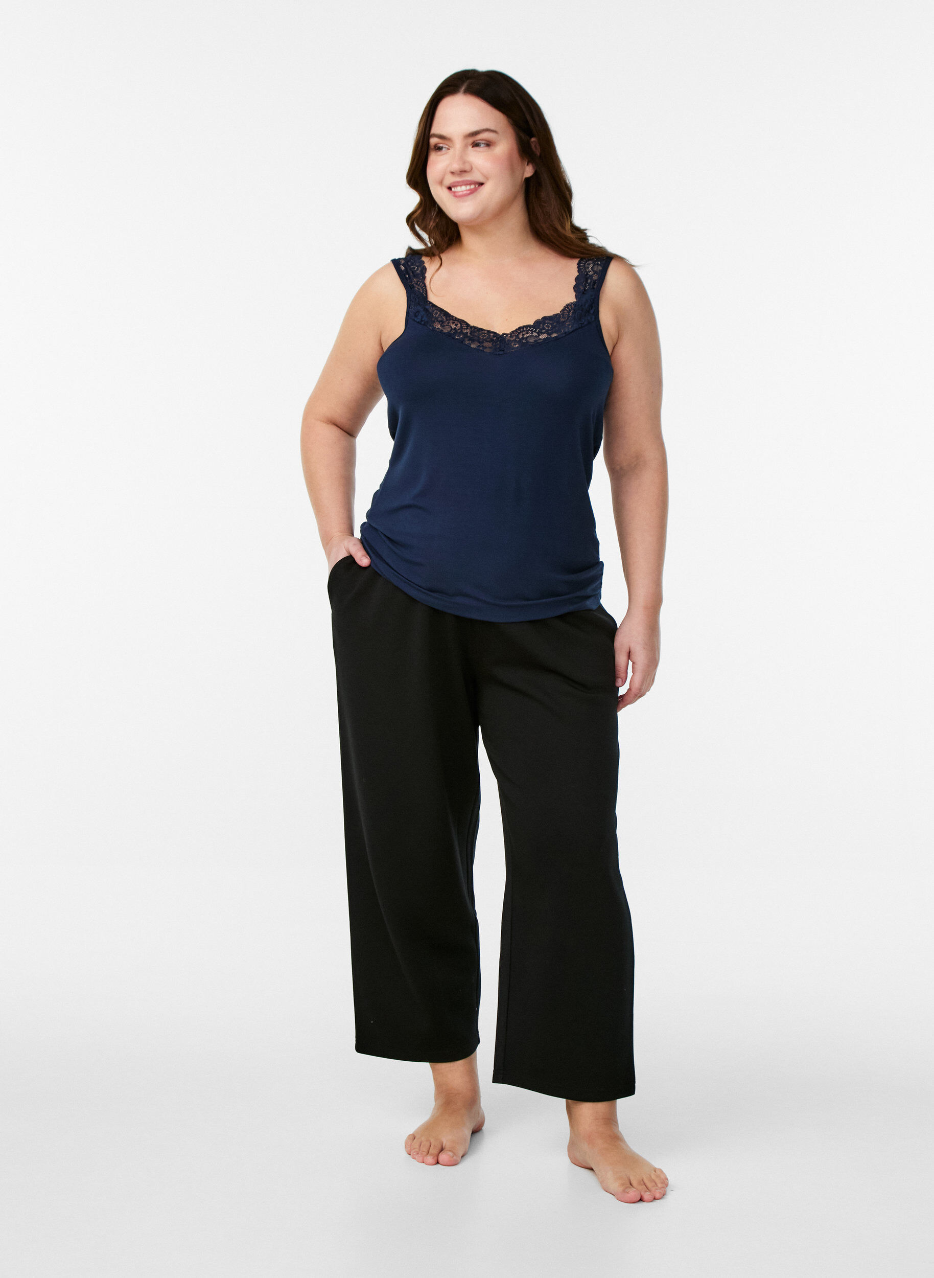 Zizzifashion Viscose top with lace trim, Blue, Model image number 1