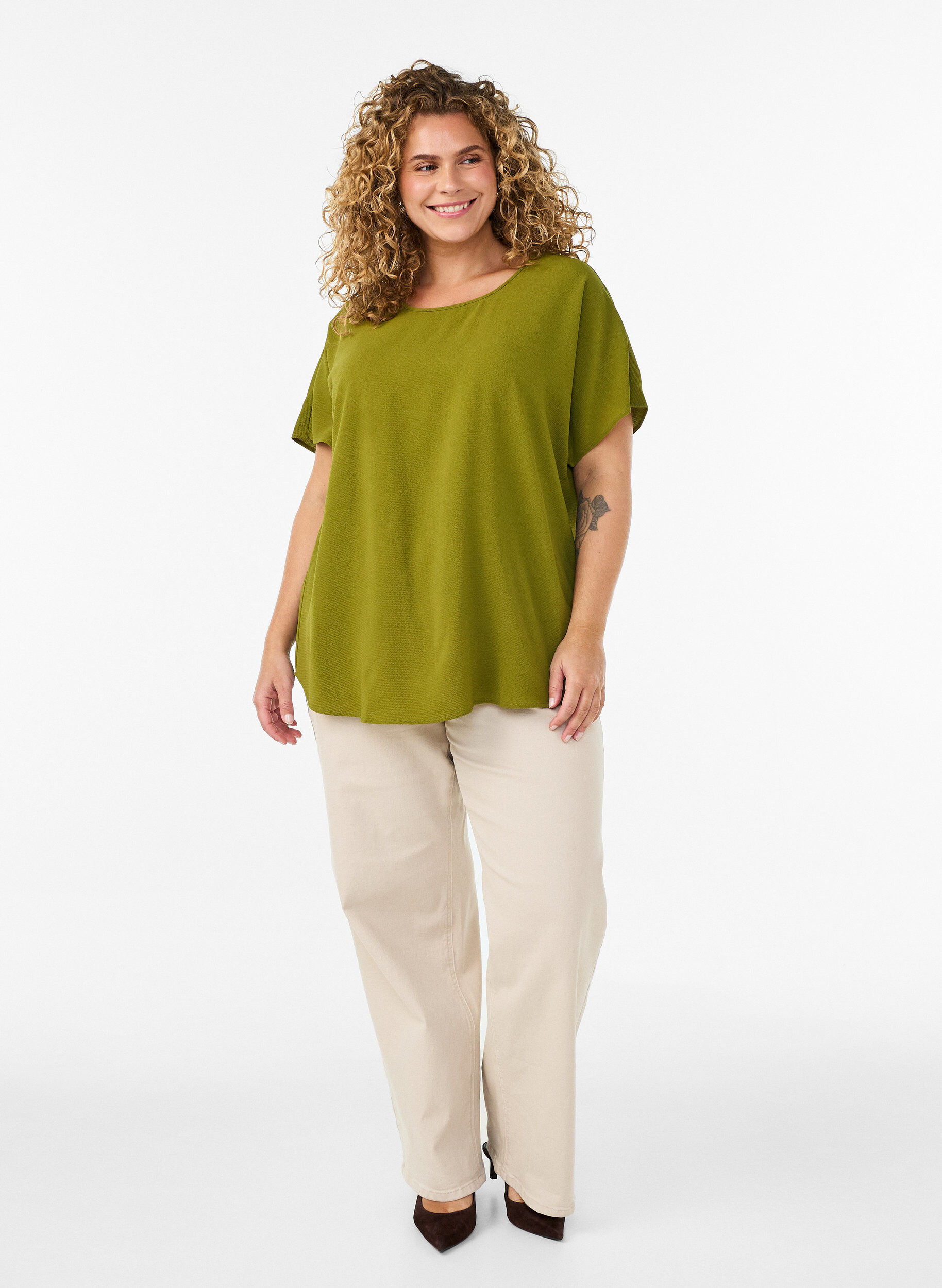 ZizzifashionBlouse with short sleeves and a round neckline, Green, Model image number 1