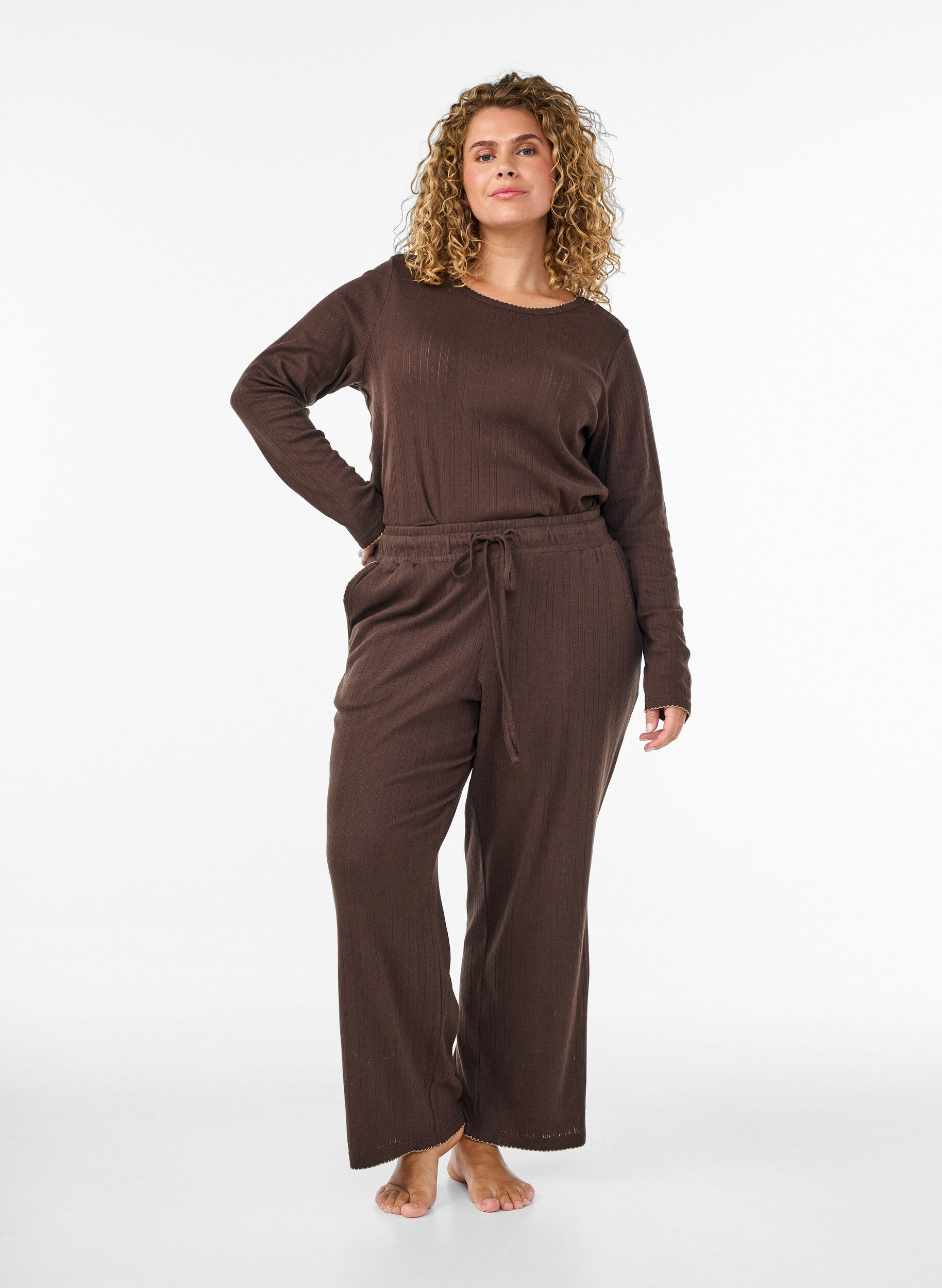 ZizzifashionOrganic cotton pyjama bottoms with eyelet embroidery, Brown, Model image number 0