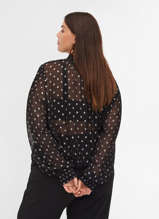 Polka dotted high neck viscose blouse with smocking, Black, Model image number 1
