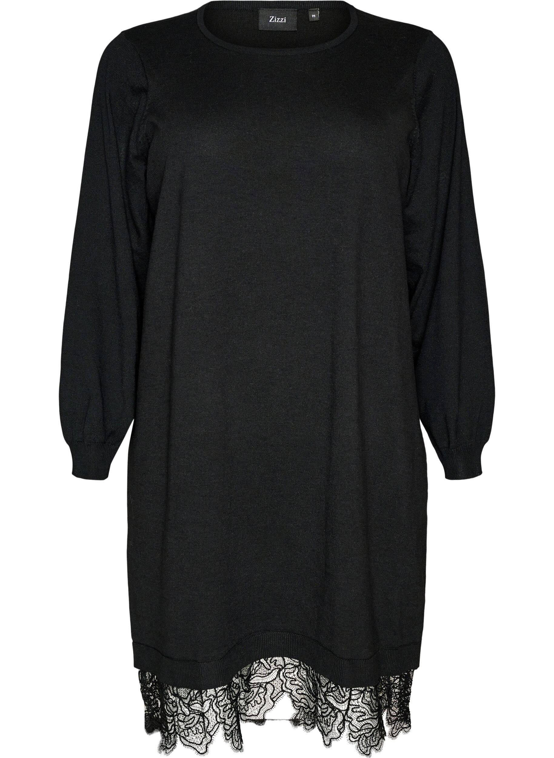 ZizzifashionShort knitted dress with lace hem, Black, Packshot image number 0