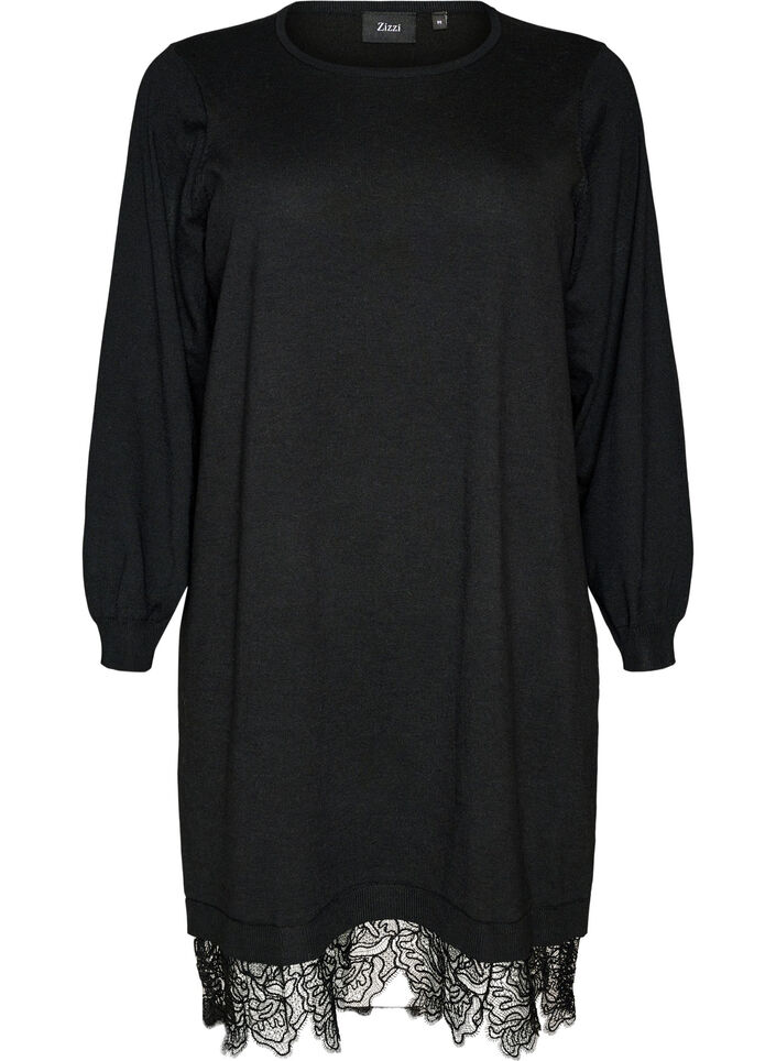 Short knitted dress with lace hem, Black, Packshot image number 0
