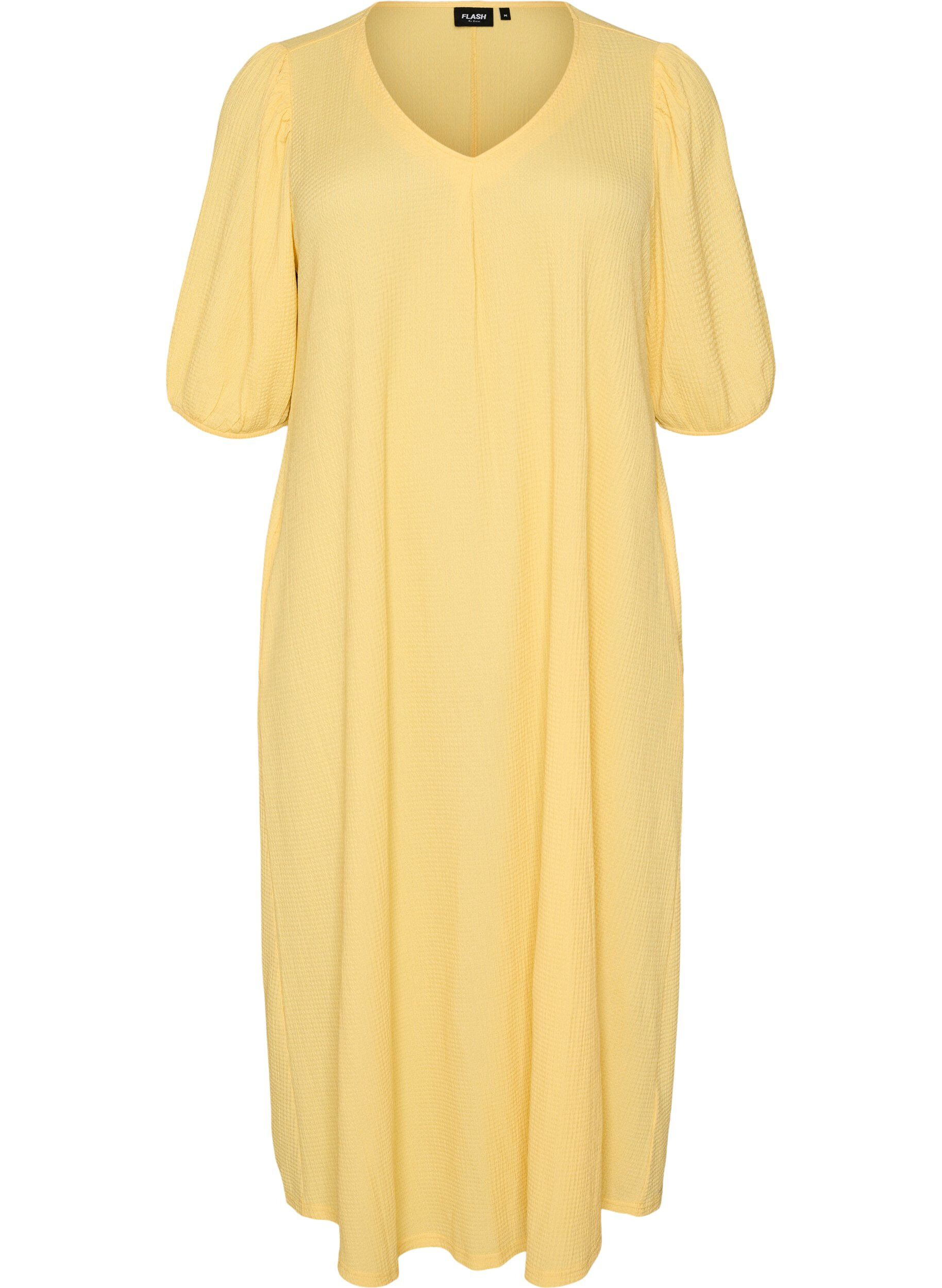 Zizzifashion Midi dress with V-neck and texture, Yellow, Packshot image number 0