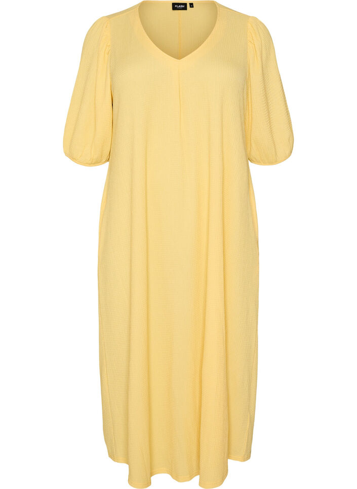 Midi dress with V-neck and texture, Yellow, Packshot image number 0