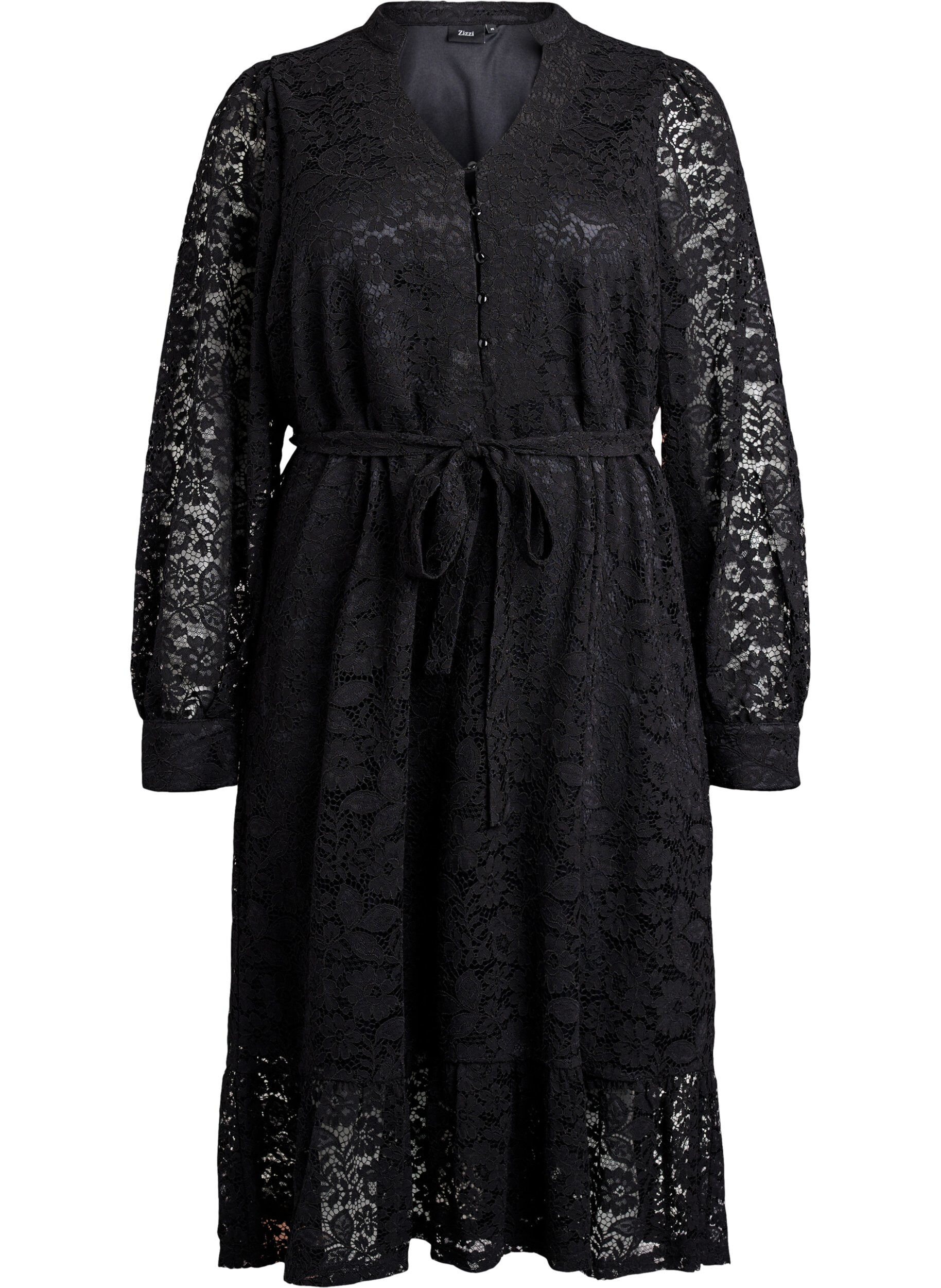 Lace dress with long sleeves and a tie belt