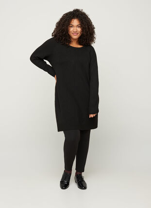 Long-sleeved knitted dress with a round neck, Black, Model image number 2