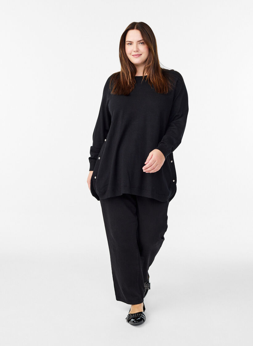 Knitted blouse with side buttons, Black, Model image number 1