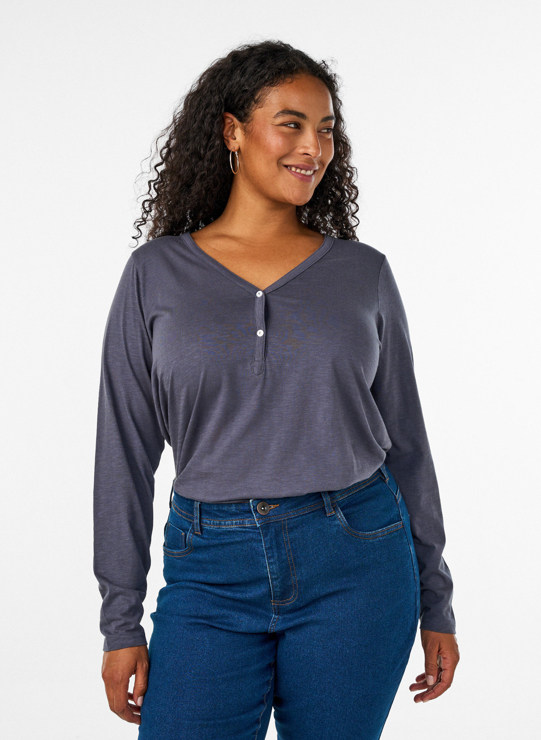ZizzifashionLong-sleeved t-shirt with V-neck and buttons, Grey, Model image number 0