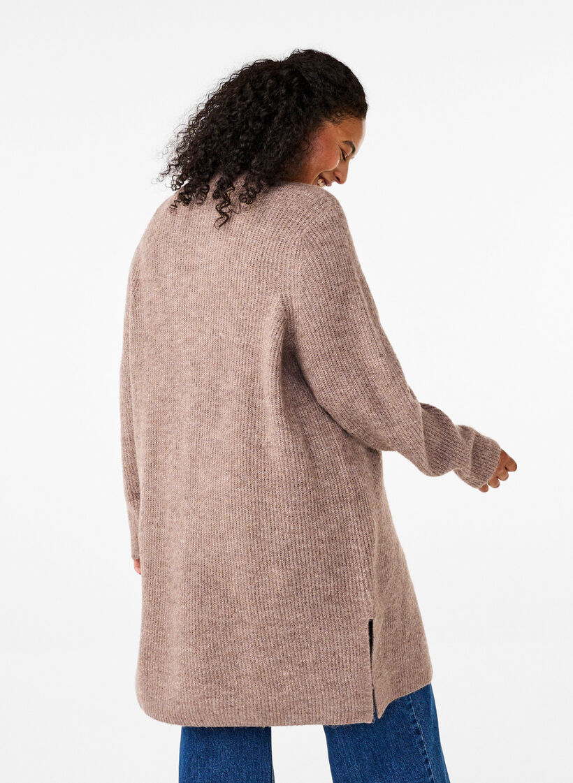FLASH - Ribbed cardigan with slits, Brown Lentil Melange, Model image number 1