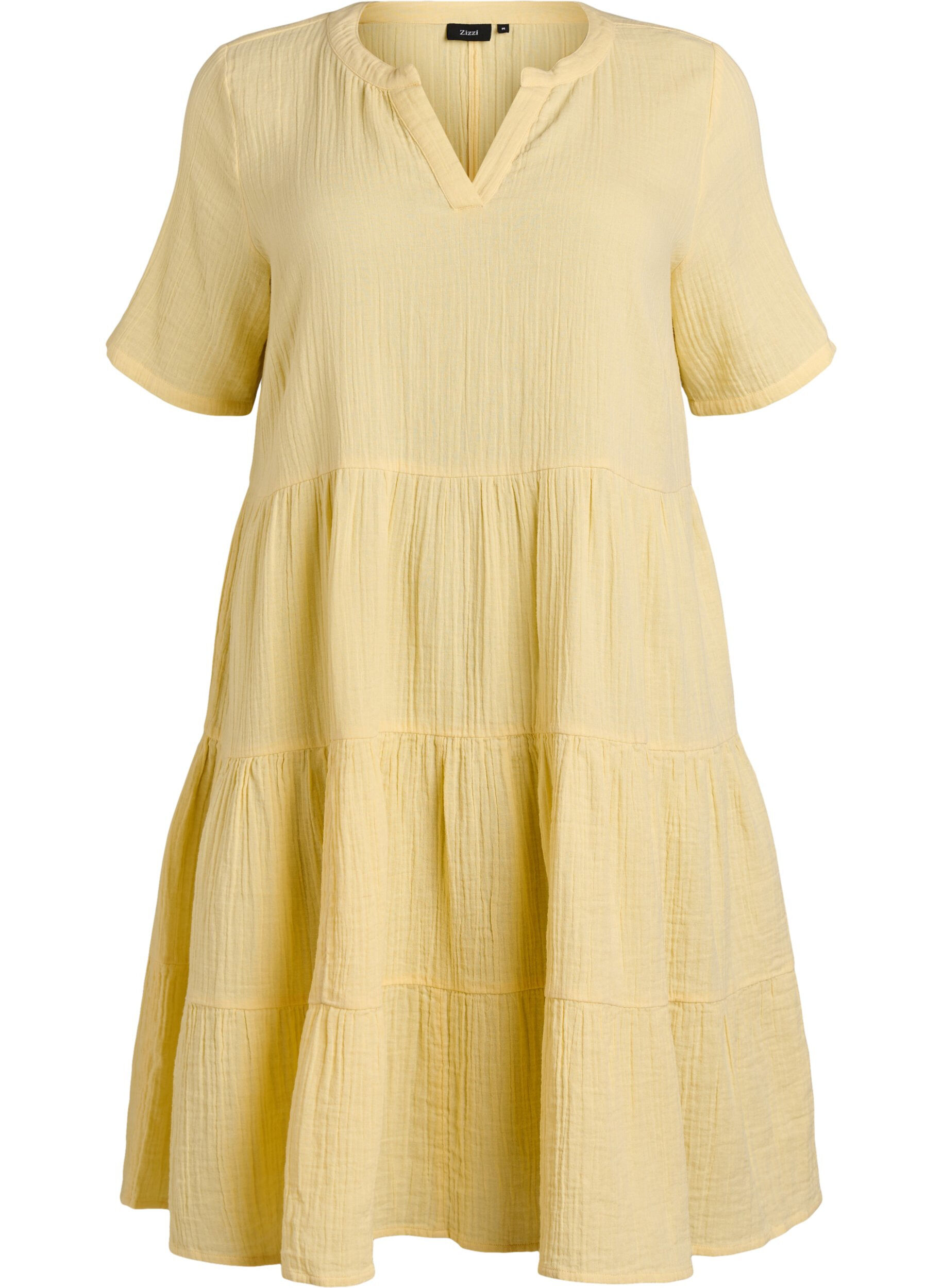 Zizzifashion Knee-length cotton muslin dress with an A-line cut, Yellow, Packshot image number 0