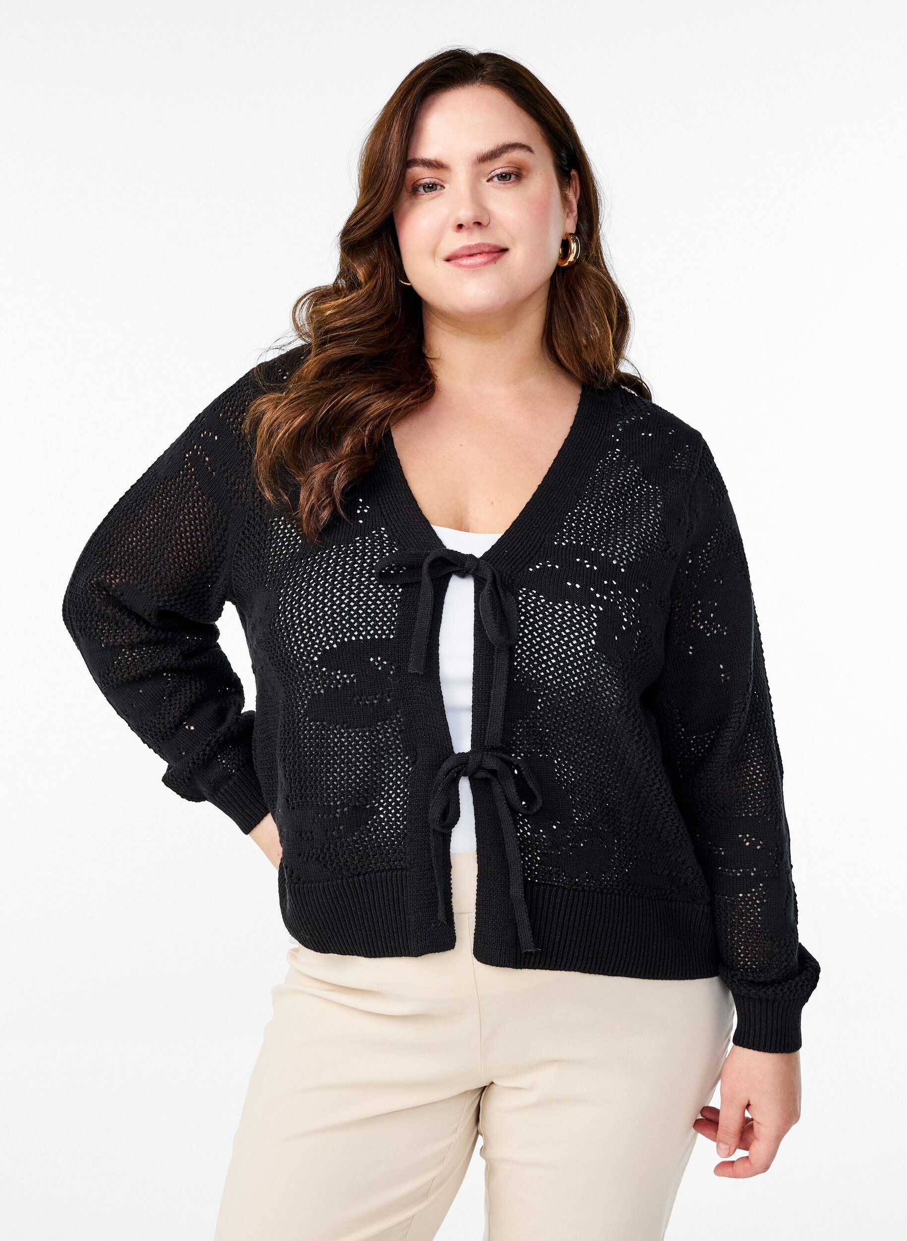 Zizzifashion Knitted cardigan with openwork pattern and tie strings, Black, Model image number 0