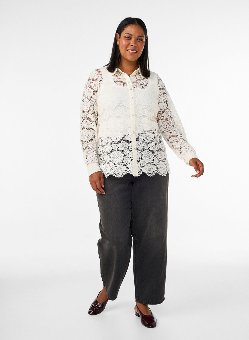 Lace shirt with pearl buttons, Vanilla, Model image number 1