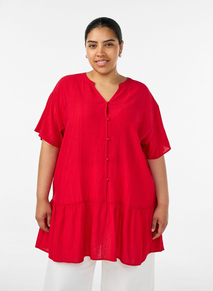 Loose tunic with crinkled texture and ruffle hem, Red, Model image number 0