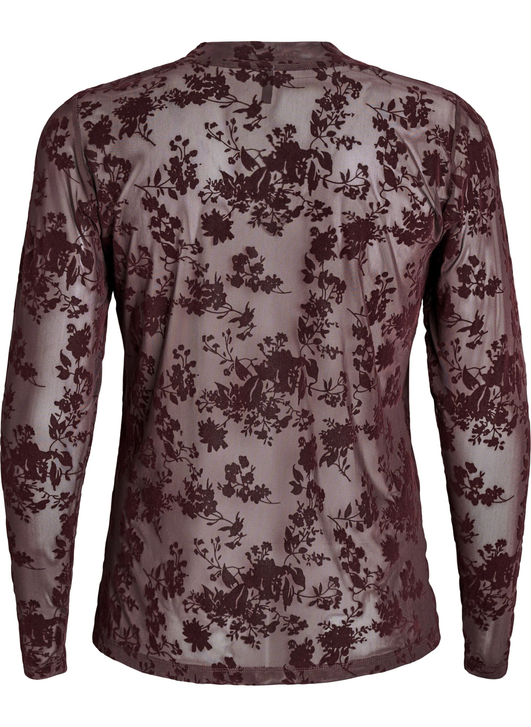 Zizzifashion Mesh blouse with floral pattern, Brown, Packshot image number 1
