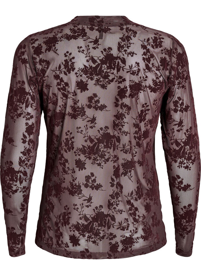 Mesh blouse with floral pattern, Brown, Packshot image number 1