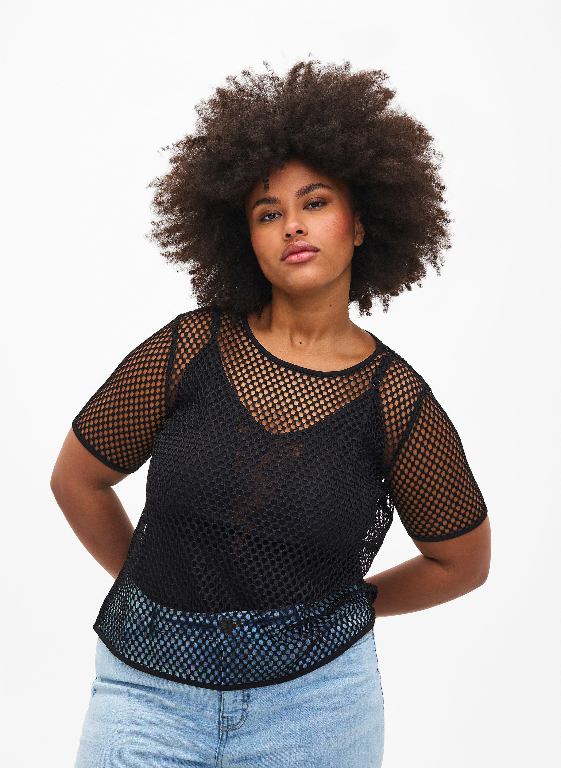 Zizzifashion Mesh blouse with short sleeves, Black, Model image number 0