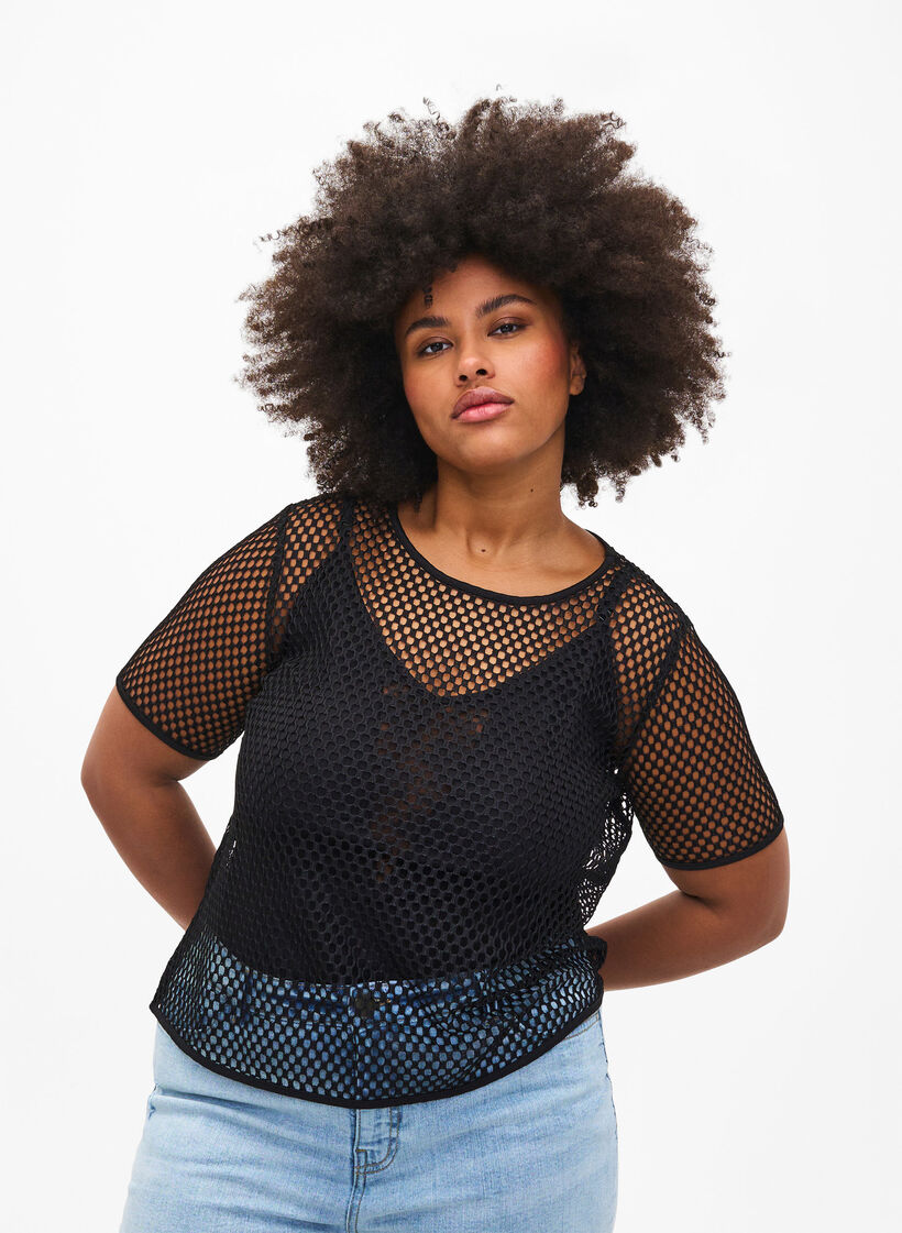 Mesh blouse with short sleeves, Black, Model image number 0
