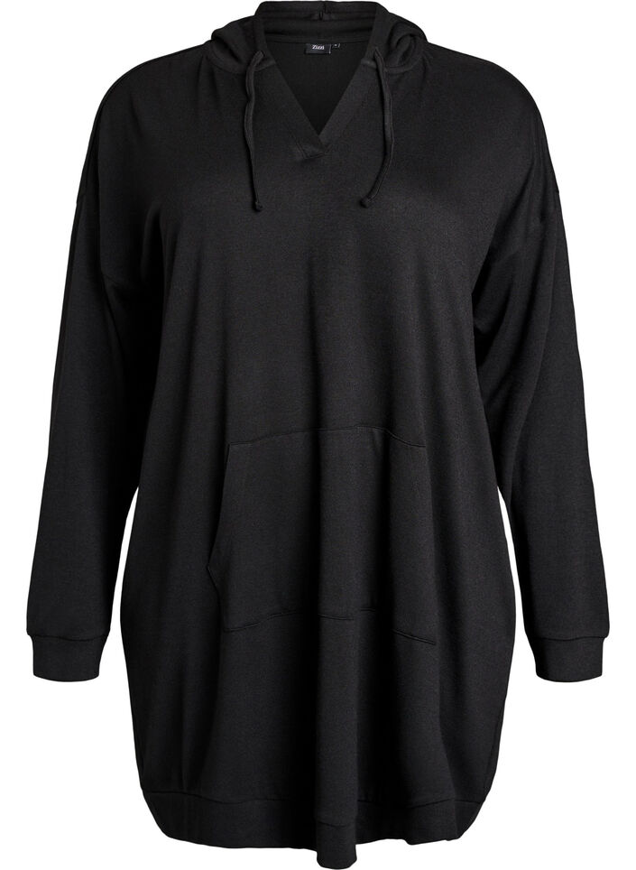 Short hoodie dress with a kangaroo pocket, Black, Packshot image number 0