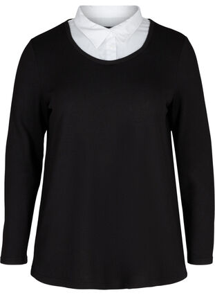 Plain-coloured blouse with long sleeves and collar, Black, Packshot image number 0