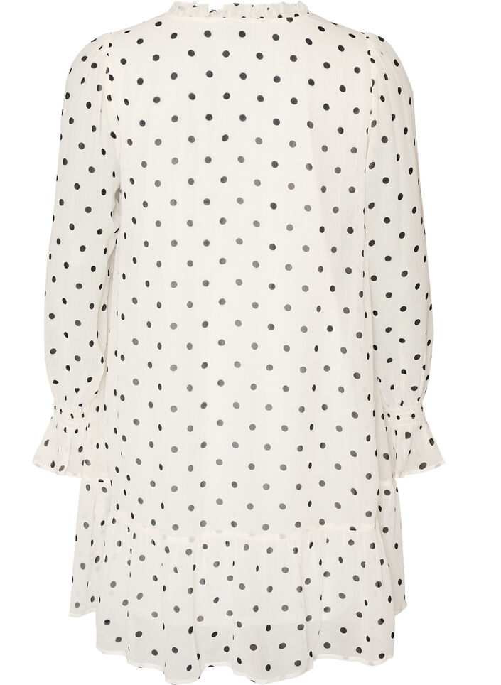 Viscose dress with ruffles and sheer sleeves, White, Packshot image number 1