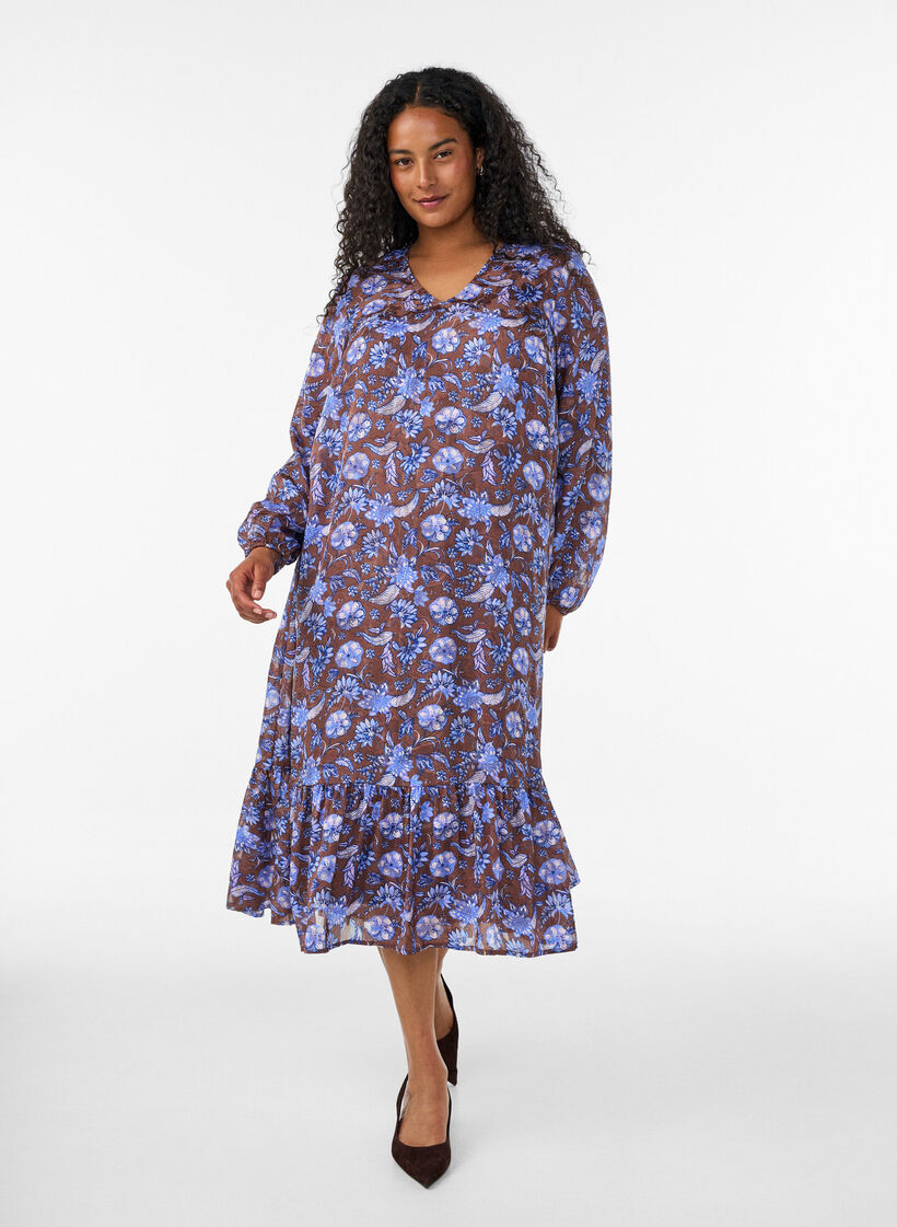 Midi dress with floral print and ruffle hem, Brown, Model image number 0