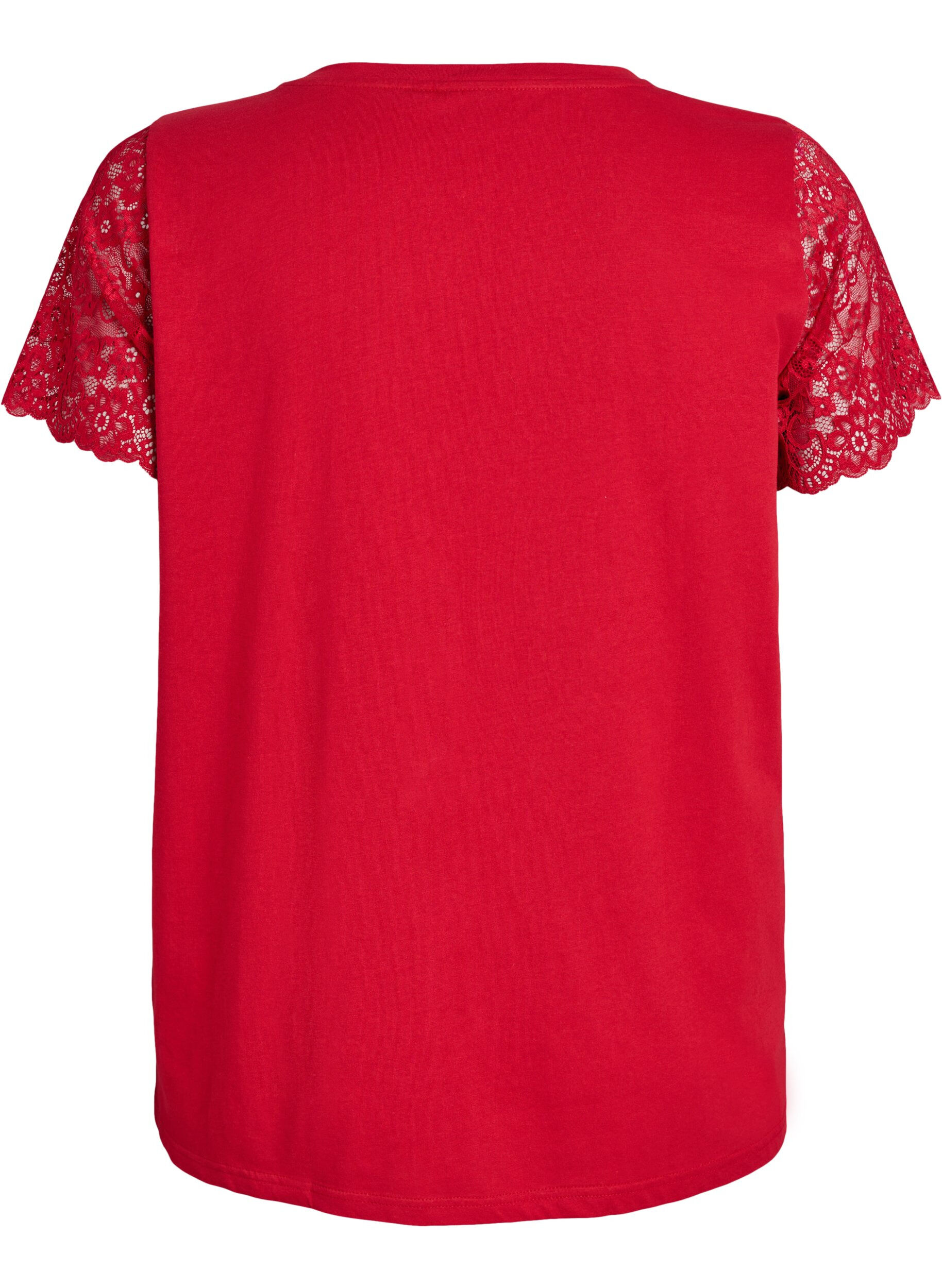Zizzifashion Cotton T-shirt with short lace sleeves, Red, Packshot image number 1