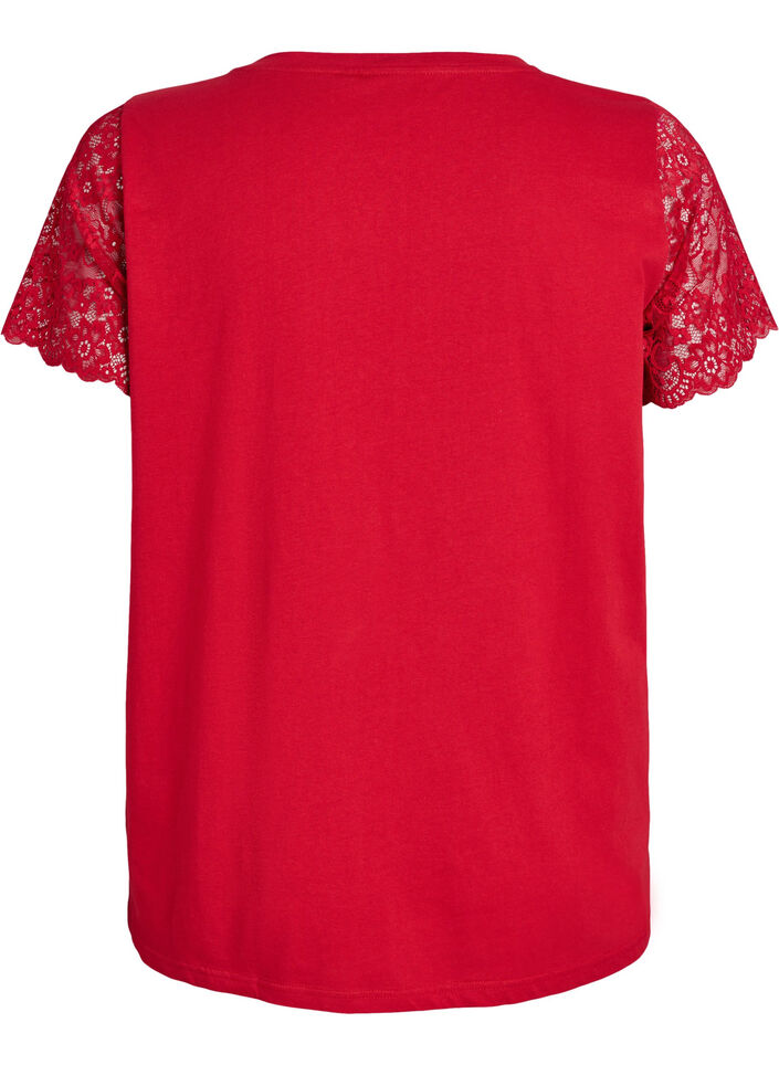 Cotton T-shirt with short lace sleeves, Red, Packshot image number 1