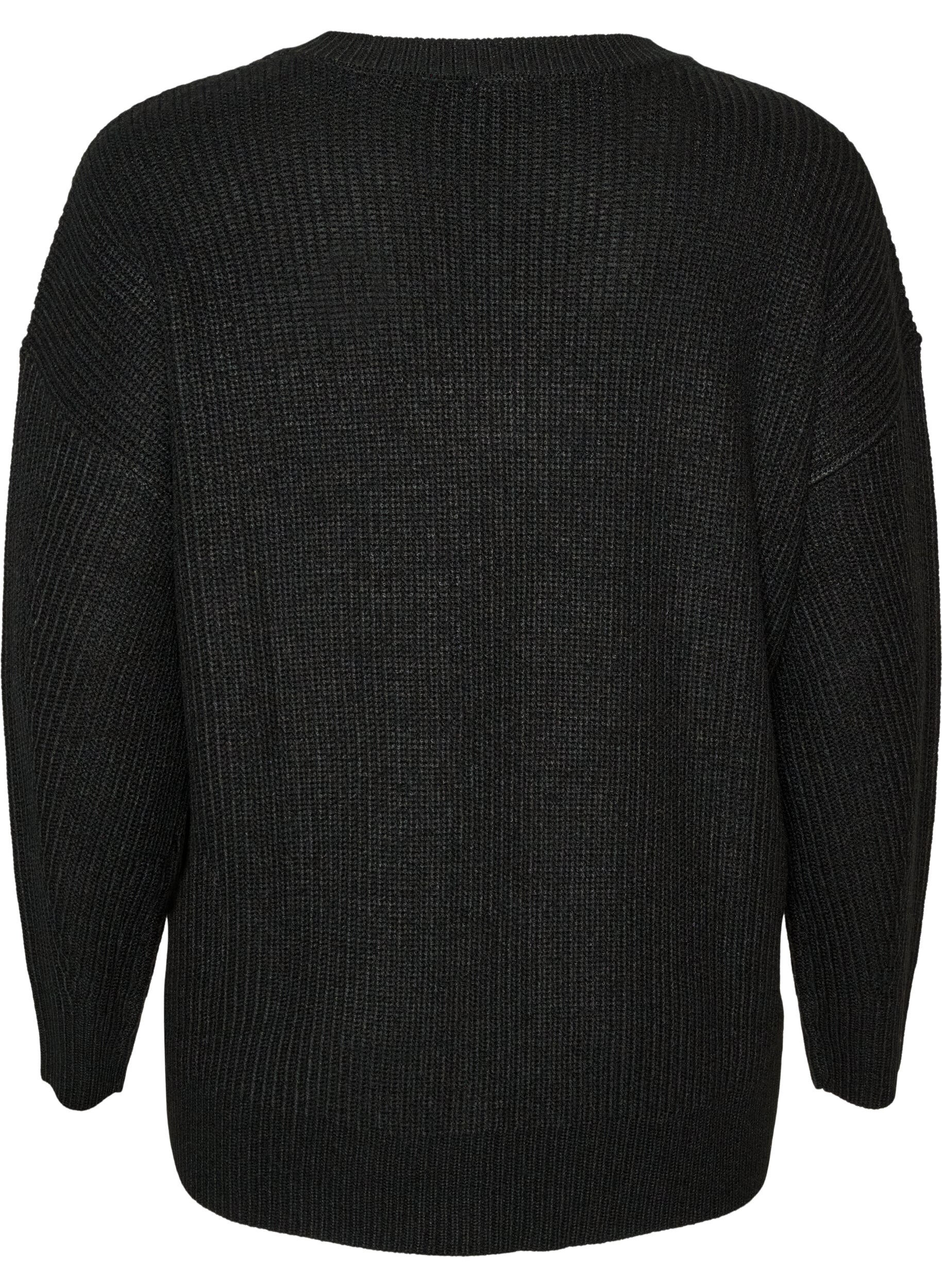 ZizzifashionLong rib-knit blouse with a V-neck, Black, Packshot image number 1
