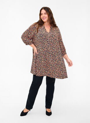 Viscose tunic with print and 3/4 sleeves, Ditsy Flower AOP, Model image number 2