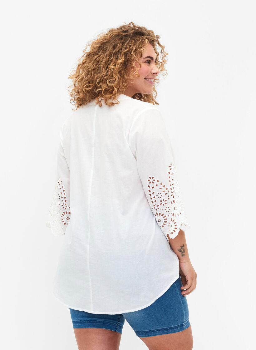 Shirt-blouse with broderie anglaise and 3/4 sleeves, Bright White, Model image number 1