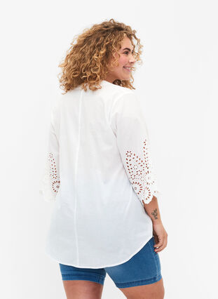 Shirt-blouse with broderie anglaise and 3/4 sleeves, Bright White, Model image number 1