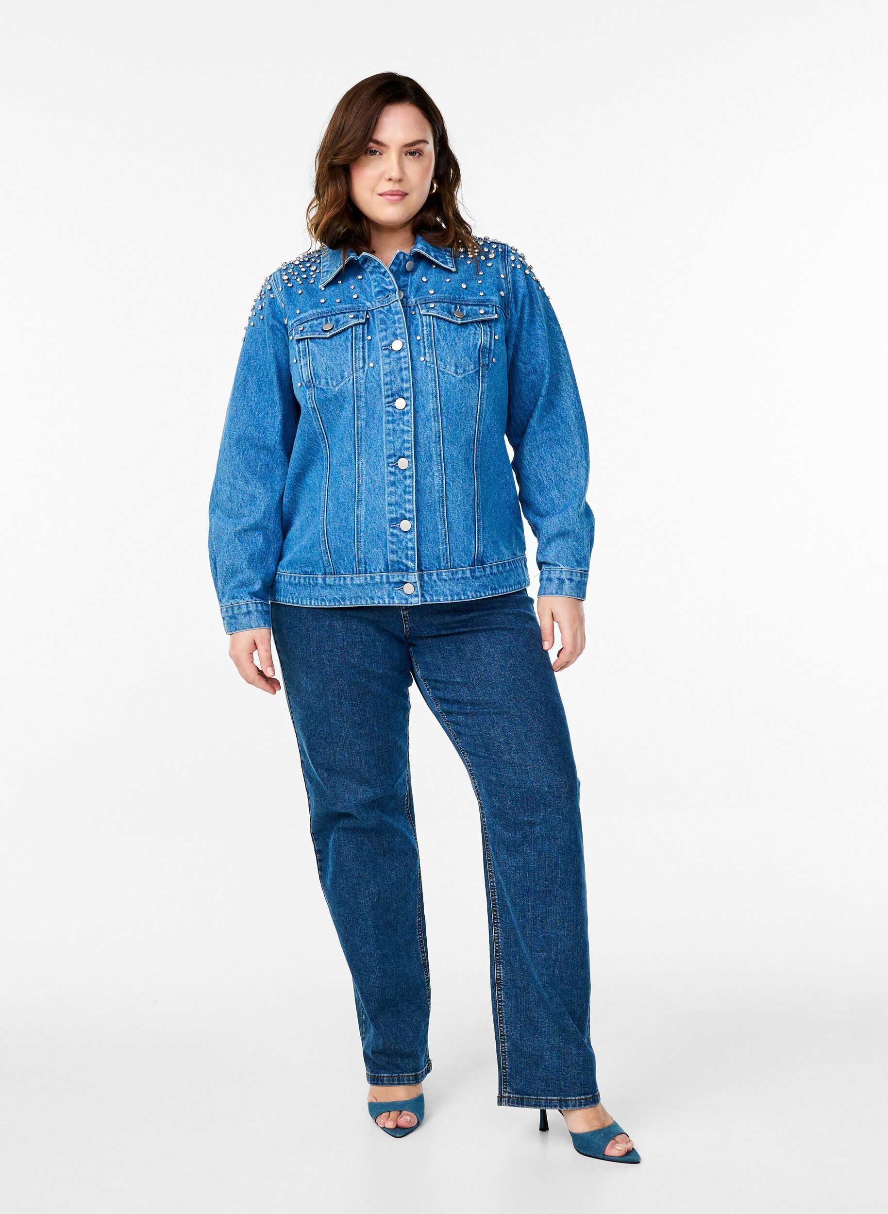 Zizzifashion Denim jacket with rhinestones, Blue, Model image number 1