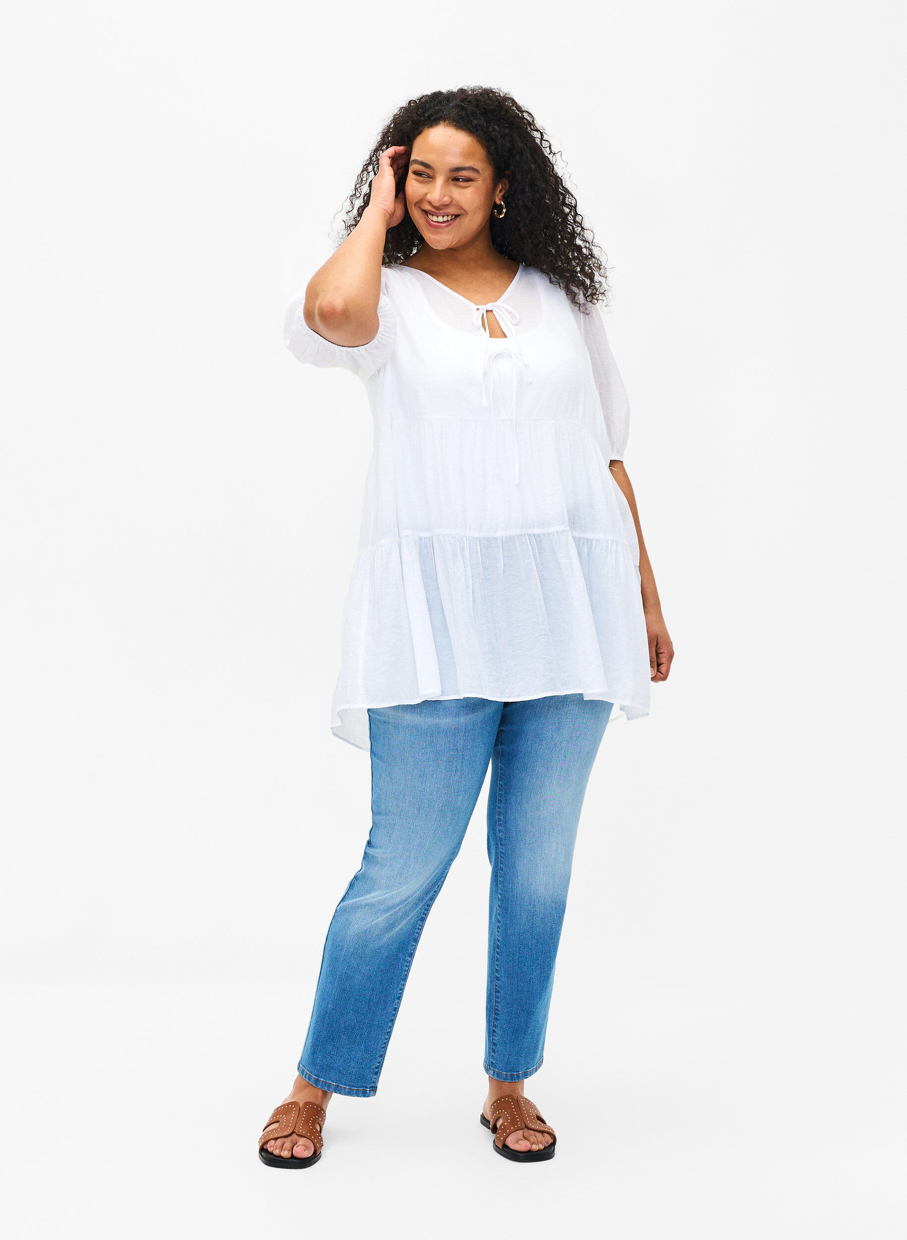 Zizzifashion A-line viscose tunic with lace-up detail, White, Model image number 1