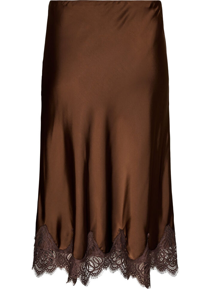 Midi satin skirt with lace trim, Brown, Packshot image number 1