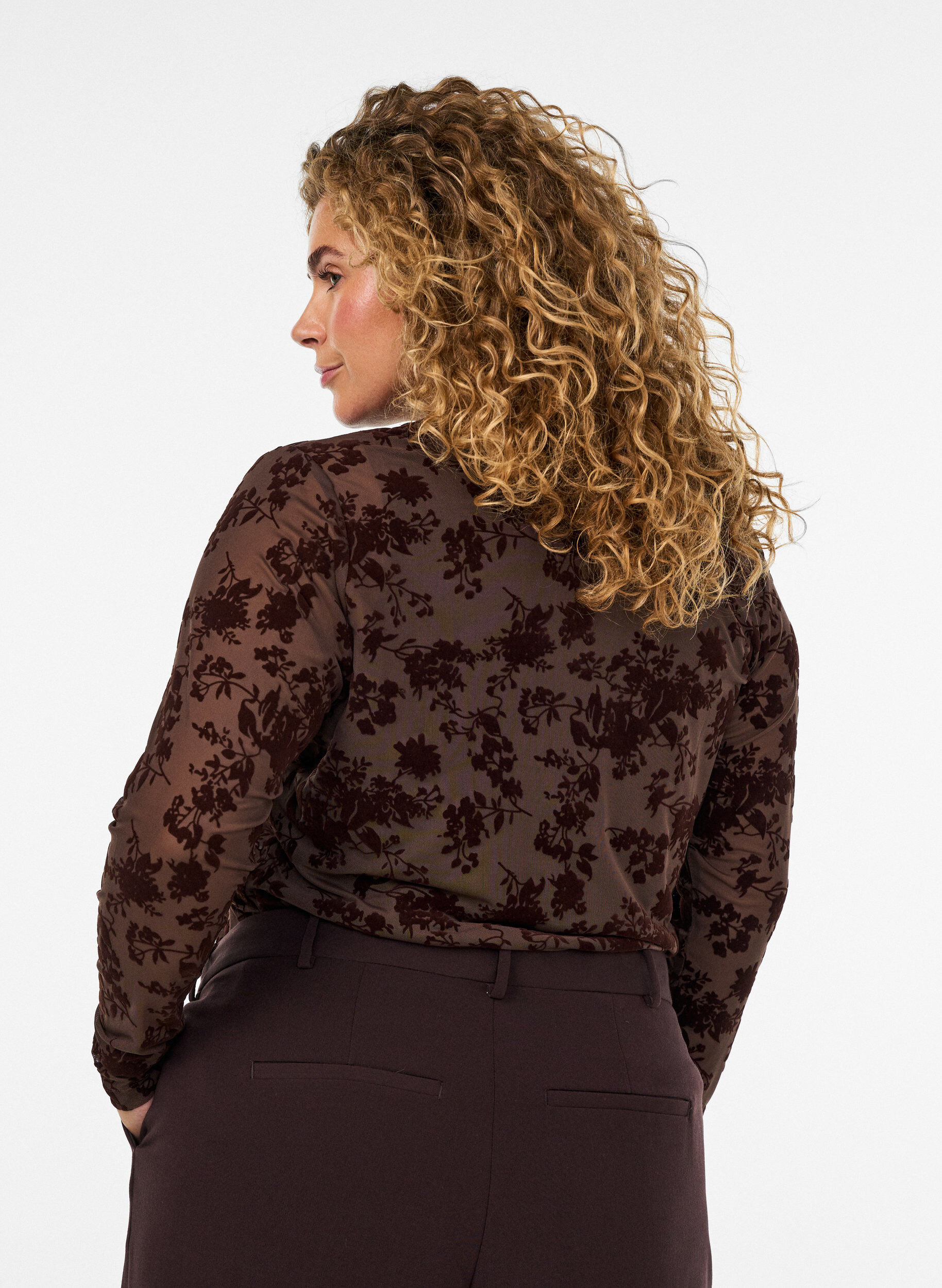 ZizzifashionMesh blouse with floral pattern, Brown, Model image number 2