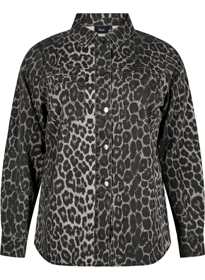 Leopard print denim shirt with buttons, Dark Grey, Packshot image number 0